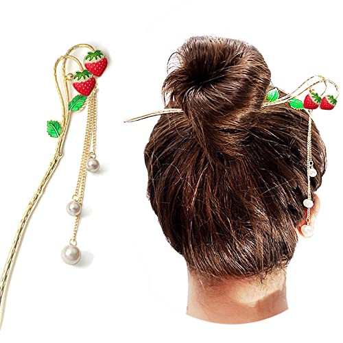 סיני מתכת בציר ריינסטון פרח שיער מקלות אכילה פרח שיער קליפ פקעת פין שיער דקור סיכת ראש שיער מקל עבור נשים ובנות אדום-תות