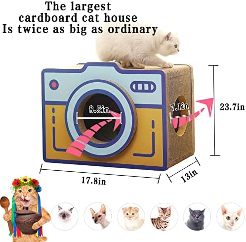 וינצ ' י תיבת מצלמה בצורת קרטון חתול בתי לחתולים מקורה גדול, גדול חתול דירה עם ארגז חול, חתול השריטה לוח, קרטון צהוב כחול-1 מגה-1