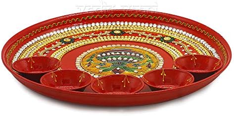 Vedic Vaani Meenakari מעוצב בעיצוב קלש בעבודת יד פלדה נירוסטה צלחת פוג'ה תאלי רב -צבעוני