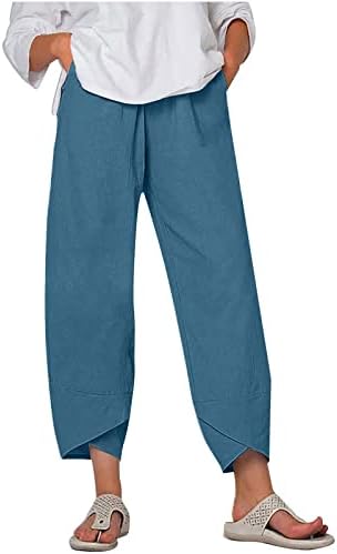 מכנסי פשתן קצוצים של CHGBMOK מכנסי טרקלין נוחים מזדמנים אלסטיים אלסטיים מותניים רחבים חוף חוף ארוך עם כיסים