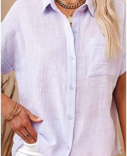 חולצות פשתן כותנה לנשים שרוול קצר שרוול קצר כיס כיס טיס צמרות כפתור דש רופף חולצות טוניקה
