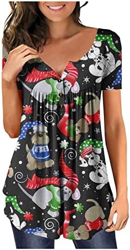 Dnuri נשים שרוול קצר חולצה חג המולד חמוד כפתור חמוד צוות צוואר קפלים חולצות T Elk Print חג המולד טי טיי חולצות נערות חולצות