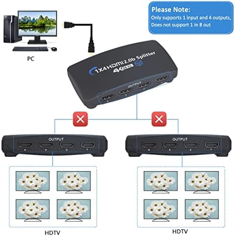 YYMC 1x4 HDMI Splitter, 4K HDMI Splitter 1 ב -4 תיבת מפיץ וידאו אודיו תומך Ultra HD 4K 60Hz ו- 3D, תואם לנגן Blu-ray, תיבת טלוויזיה, PS3/