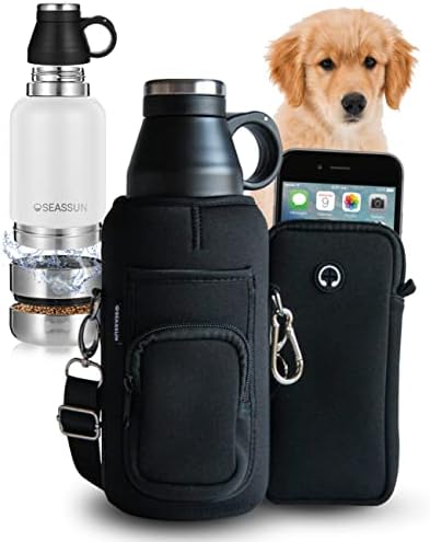 בקבוק מים לנסיעות לכלבים ושקית הליכה לכלבים עם נרתיק טלפון סלולרי וכיס פינוק לאילוף כלבים-בקבוק מים לחיות מחמד מבודד 32 עוז, מתקן בקבוק