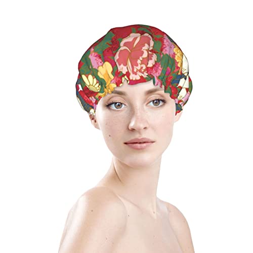 נשים לשימוש חוזר כובע שיער שולי שיער סיני אמנות נולבולים אדמוניות שכבות כפולות כובע אמבטיה אטום למקלחת