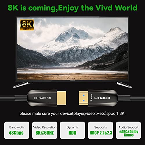 Dghumen HDMI 2.1 כבל אופטי סיבים, כבל סיבים אופטי של 8K HDMI, תומך ב- 8K@60Hz 4K@120Hz מהירות גבוהה במיוחד 48 ג'יגה -ביט לשנייה, EARC,
