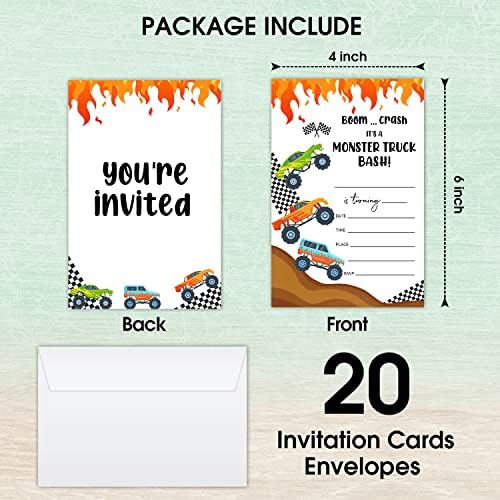 כרטיסי הזמנה ליום הולדת של LWBEO, מזמינים מסיבת משאיות מפלצת, ציוד לקישוטים למסיבות יום הולדת שמח, 20 כרטיסי מילוי עם מעטפות לחגיגת מסיבות