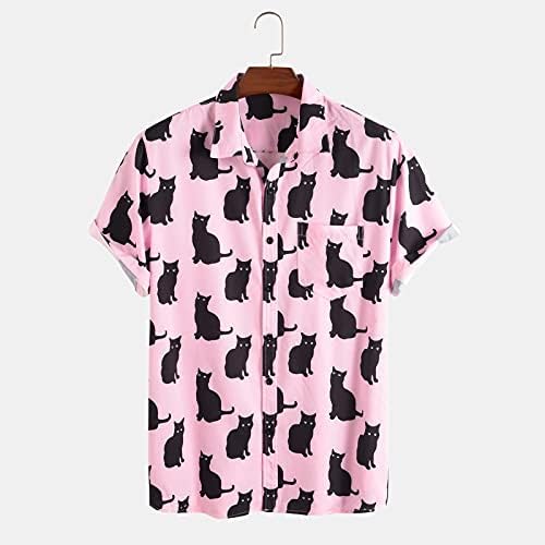שחור פולו חולצות לגברים אוקספורד חולצות לגברים קצר שרוול כפתור עד דיג חולצות גרפי חתול רופף בכושר חולצות חולצות