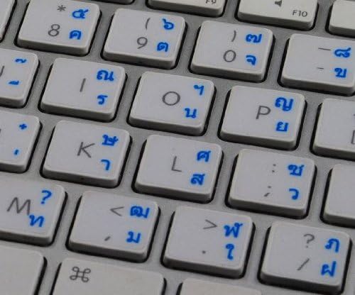 פריסת תוויות מקלדת תאילנדית עם אותיות כחולות, כתומות, אדומות או לבנות על רקע שקוף לשולחן העבודה, המחשב הנייד והמחברת תואמים את אפל