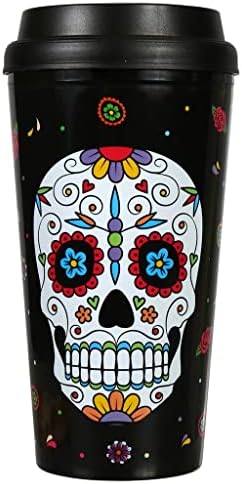 מ.נ. יום המתים / דיא דה לוס מוארטו גביע שחור עם פנים גולגולת מלפנים ואחורי גולגולת הכוס יש פרחים. לשתות קפה סודה מי תה