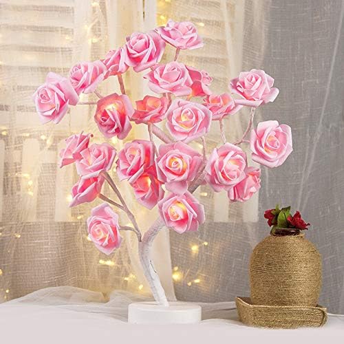 מנורת שולחן LENORIS מנורת עץ שולחן פרחים ורד עם 24 אורות LED לבנים חמים USB/מתנה מופעלת סוללה לנשים בני נוער מנורת שולחן בנות לחתונה לחתונה