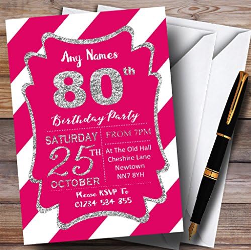 פסים אלכסוניים לבנים ורודים סילבר 80 הזמנות למסיבת יום הולדת בהתאמה אישית