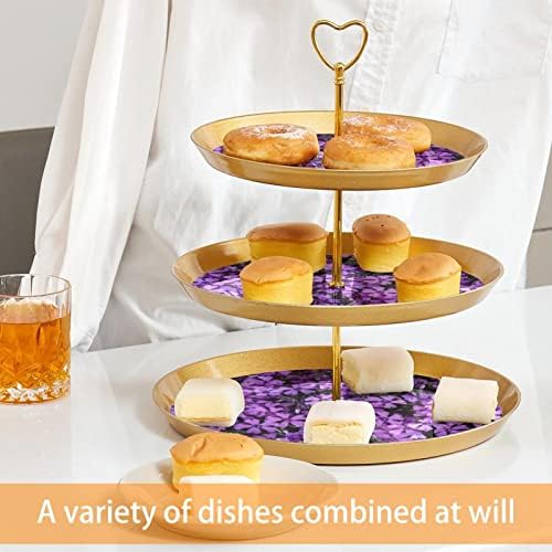 סט תצוגת שולחן קינוח, עמדת קאפקייקס זהב, עמדות קינוח, מגש הגשת שכבות, מעמד רמת עוגת כוס, עוגת חתונה לשולחן קינוח, פרחוני פרחים סגולים