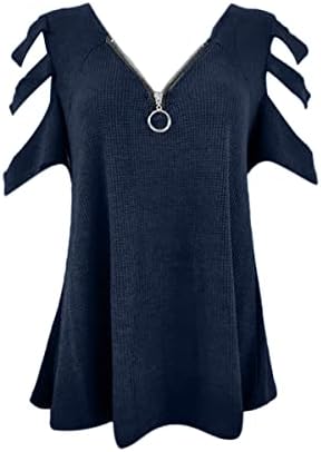 קר כתף חולצות לנשים קצר שרוול רוכסן עם צווארון חולצה קיץ מוצק מזדמן לפרוע זורם מכפלת טוניקת חולצות