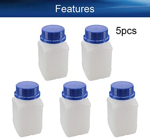 בקבוק מגיב כימי של מעבדה מפלסטיק, דגימת פה רחבה של 250 מל איטום נוזלים/אחסון מוצק בקבוקים שקופים, כובע כחול 5 יחידות,