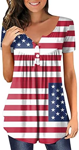 4 ביולי טוניקת חולצות לנשים דגל אמריקאי הסתר חולצות בטן קיץ שרוול קצר מזדמן כפתור עד צוואר חולצות