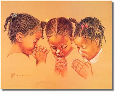שלוש בנות אפרו-אמריקאיות מתפללות ישו המשיח דתי קיר אמנות הדפסה 16 איקס 20