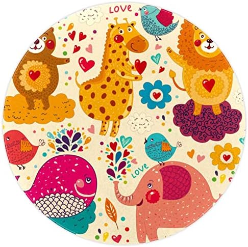 Llnsupply ילדים שטיח 4 רגל שטיחים באזור עגול גדול לבנות בנים תינוקות - קריקטורה אהבת בעלי חיים ציפורים פיל דוב אריה, עיצוב בית מתקפל משחק