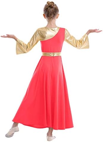 OWLFAY שמלות ריקוד שבח לבנות זהב בלוק צבע מטאלי לחגיגת בגדי ריקוד ליטורגי