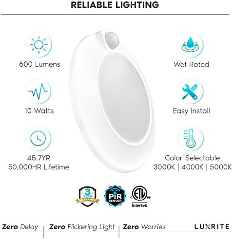 LUXRITE 4 אינץ 'תנועה LED חיישן תאורת תקרה, 120 וולט, 3 צבע ניתן לבחירה 3000K -5000K, 30S פסק זמן, 10W, 600 לומן, רטוב, מתקן תאורה סומק