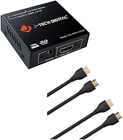 J-Tech Digital 1x2 HDMI מופעל מפצל עבור מלא HD 1080p & 3D תומך בכניסה אחת לשני צורב פלטים עם 2 חבילות HDMI 2.0 כבל 3ft